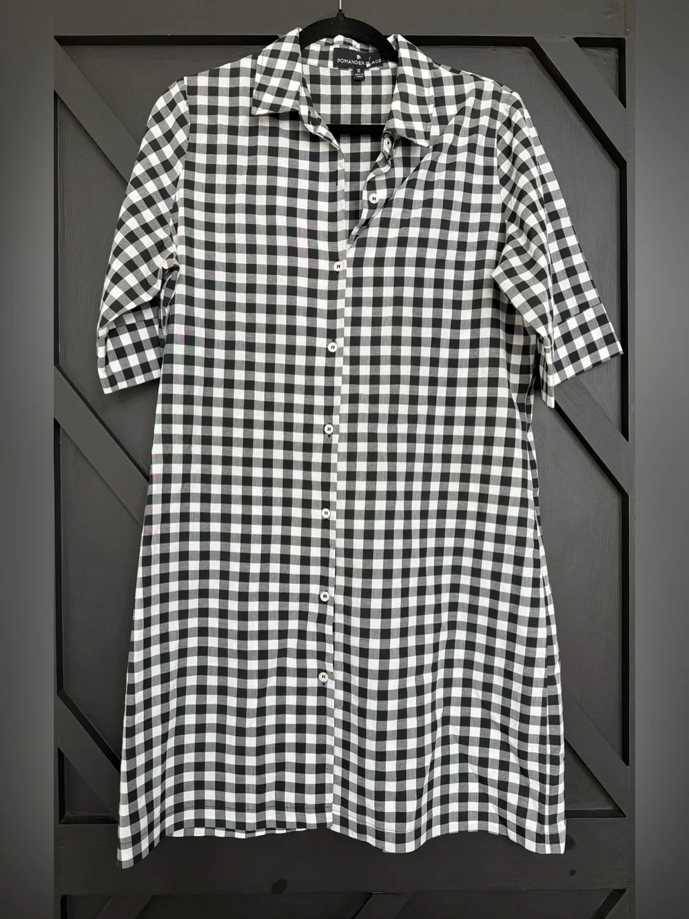 Pomander Place Black & White Gingham Button Front Shirt Dress, Size Medium